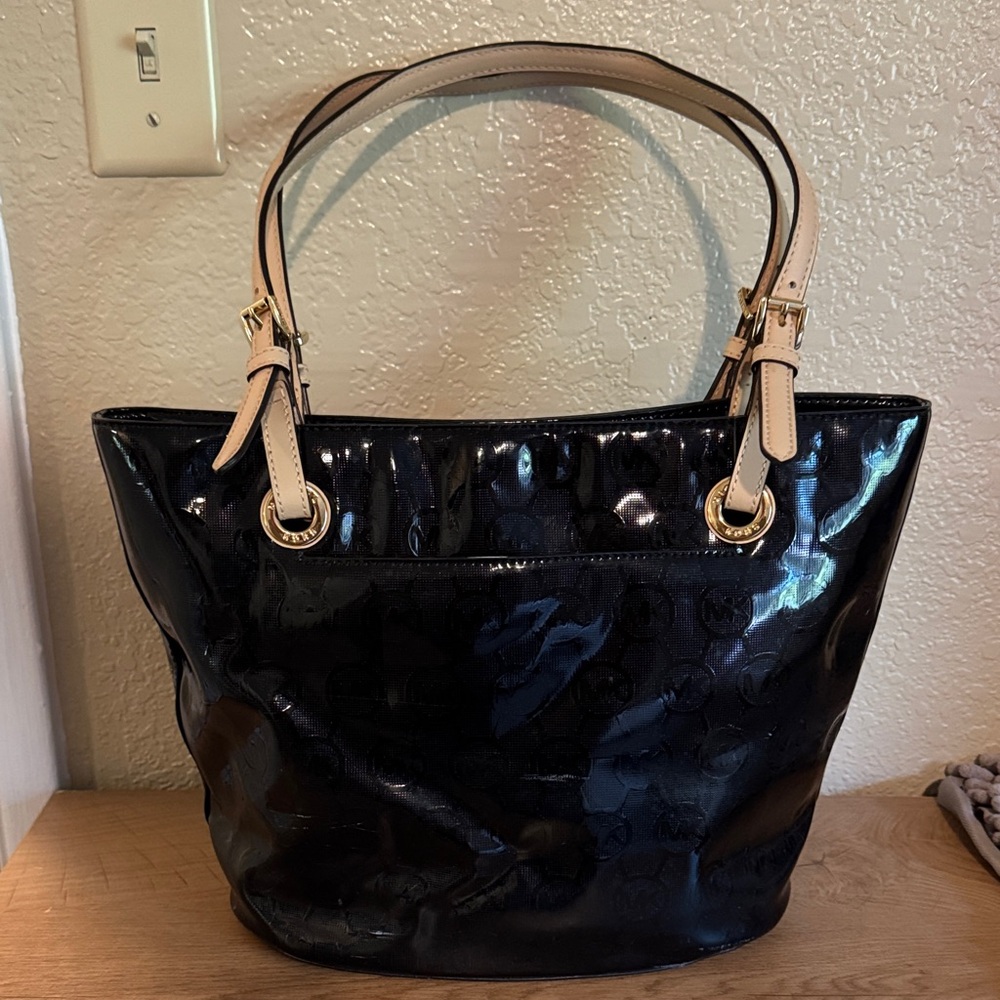 Michael Kors Black Patent Leather Tote with Cream Handles
